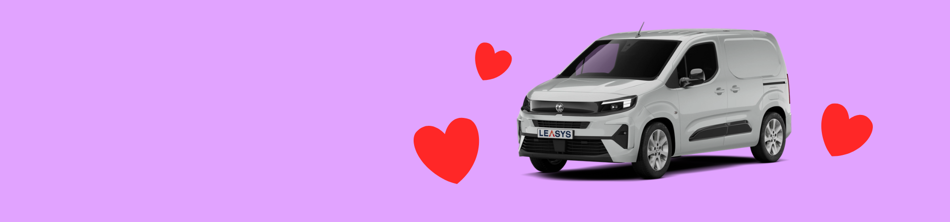 A Vauxhall Combo van driving through symbols of hearts on a lilac background